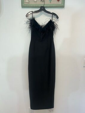 Catchall Feather-Trim Black Maxi strapless column wiggle Dress women’s medium